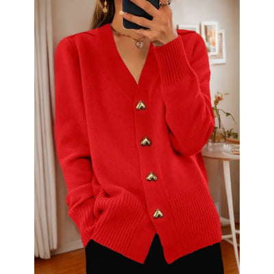 Sara™ – Pull en Maille à Col en V avec Bouton Cœur